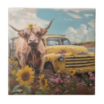Vintage Yellow Truck Highland Cow Sunflowers Tile<br><div class="desc">Garden Whispers – Ceramic Coaster Tile Vintage Yellow Truck Highland Cow Sunflowers Ceramic Tile This handcrafted ceramic coaster tile brings a burst of nature’s brilliance to any tabletop. Featuring a radiant dragonfly with warm-toned wings in orange, pink, and yellow, its shimmering body glows in blue and green hues that evoke...</div>