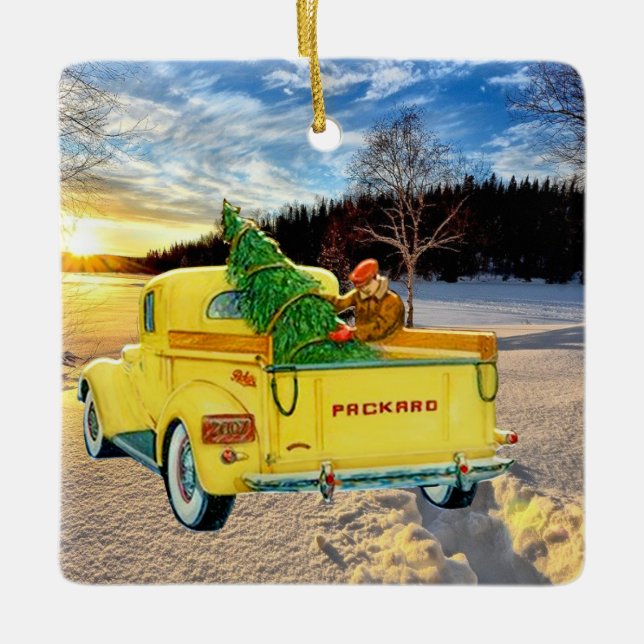 Vintage Yellow Truck in Snow Ceramic Ornament (Front)