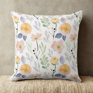  vintage yellow watercolor rose floral pattern  throw pillow