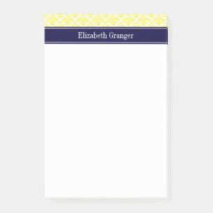 Vintage Yellow Wht Damask #3 Navy Name Monogram Post-it Notes