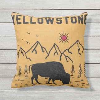 Vintage Yellowstone National Park Bison Wyoming Outdoor Pillow