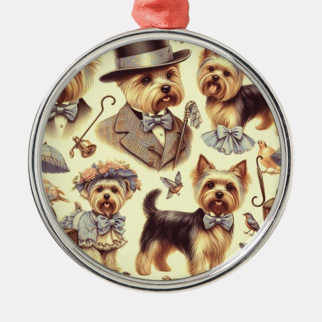 Vintage Yorkshire Terrier Seamless Metal Ornament (Front)