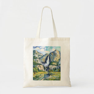 Vintage Yosemite National Park Waterfall Painting Tote Bag