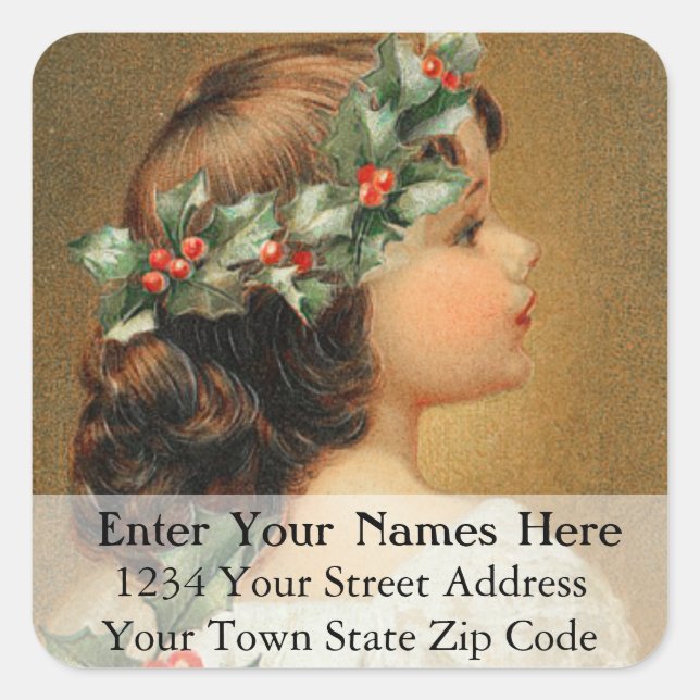 Vintage Young Girl With Holly Address Label (Front)