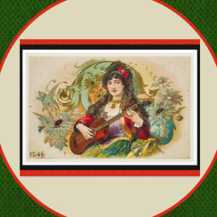 Vintage Young Gypsy Woman Playing Guitar Postcard