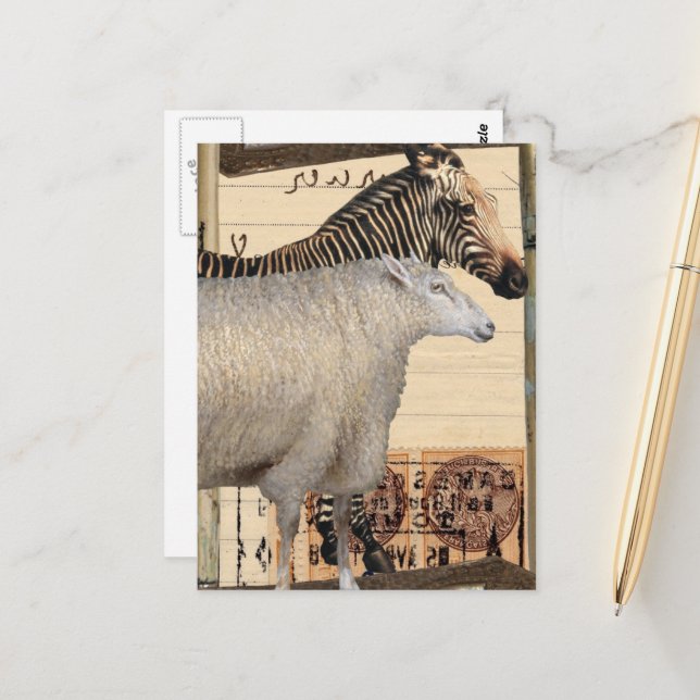 Vintage Zebra and Sheep Mixed Media Collage Postcard (Front/Back In Situ)