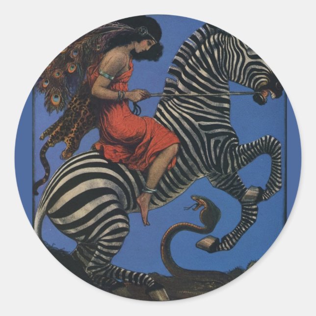 Vintage Zebra Art Nouveau Woman Classic Round Sticker (Front)