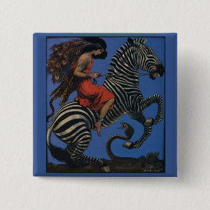Vintage Zebra Art Nouveau Woman Life 1922 2 Inch Square Button