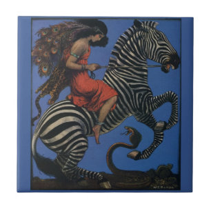 Vintage Zebra Art Nouveau Woman Life 1922 Tile