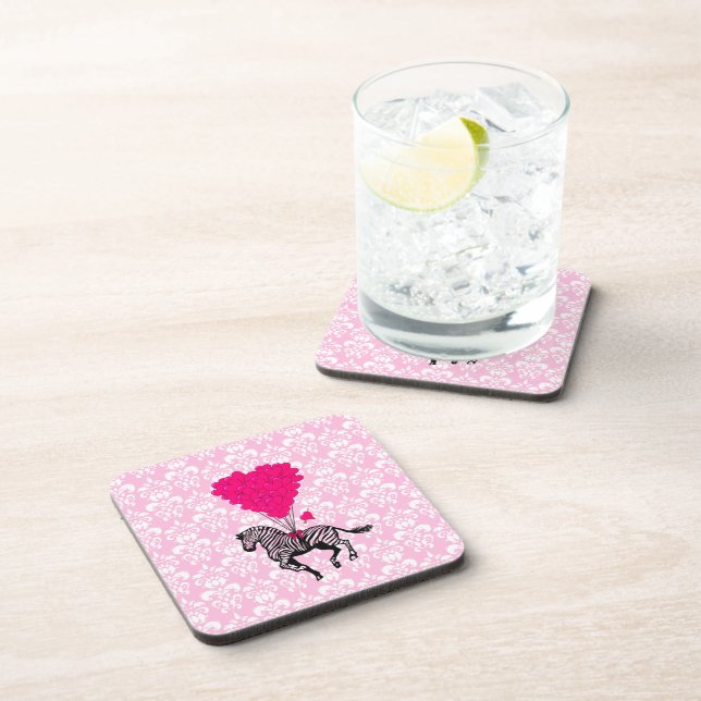 Vintage zebra & pink  heart balloons coaster (Right Side)