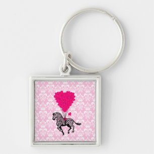 Vintage zebra & pink heart balloons keychain