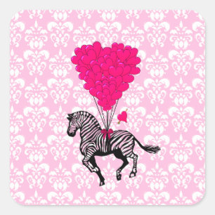 Vintage zebra & pink heart balloons square sticker