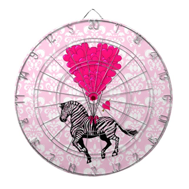 Vintage zebra & pink heart on damask dartboard (Front)