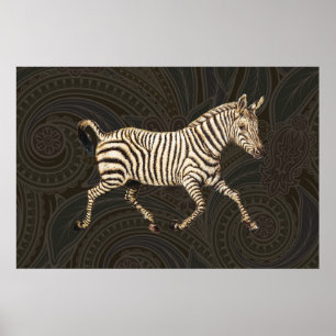 Vintage zebra running with paisley design poster