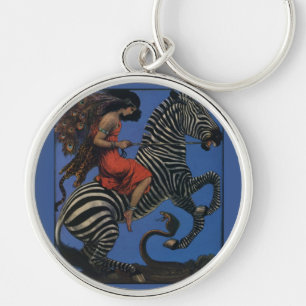 Vintage Zebra with Art Nouveau Woman Print Keychain