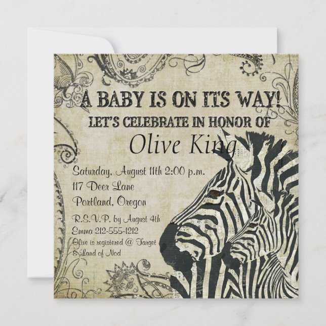 Vintage Zebras Baby Shower Invitation (Front)