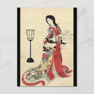 vintage zen lantern red kimono japanese geisha postcard