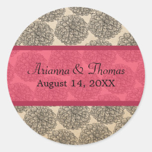 Vintage Zinnia Wedding Stickers, Pink Classic Round Sticker