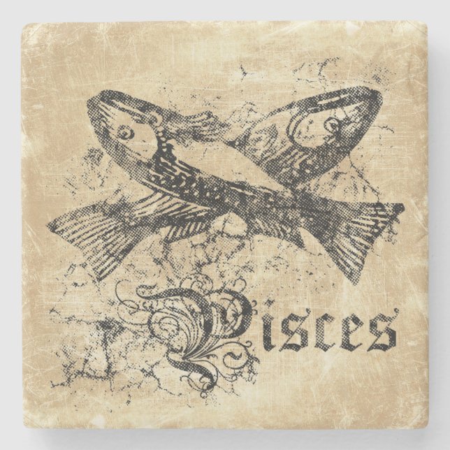 Vintage Zodiac Pisces Stone Coaster (Front)