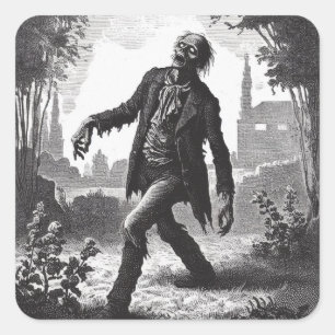 Vintage Zombie Etching Horror Spooky Undead Square Sticker