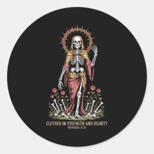 Vintagecore Gothic Skeleton Proverbs 31_25 Strengt Classic Round Sticker