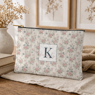 VintageRustic Shabby Chic Floral on Wood Farmhouse Accessory Pouch