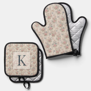 VintageRustic Shabby Chic Floral on Wood Farmhouse Oven Mitt & Pot Holder Set
