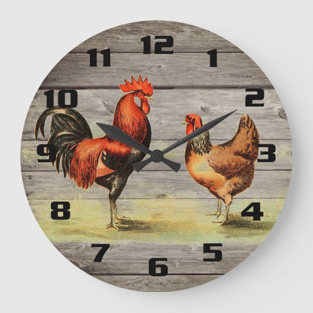 Vintge Country rooster Rustic Large Clock (Front)