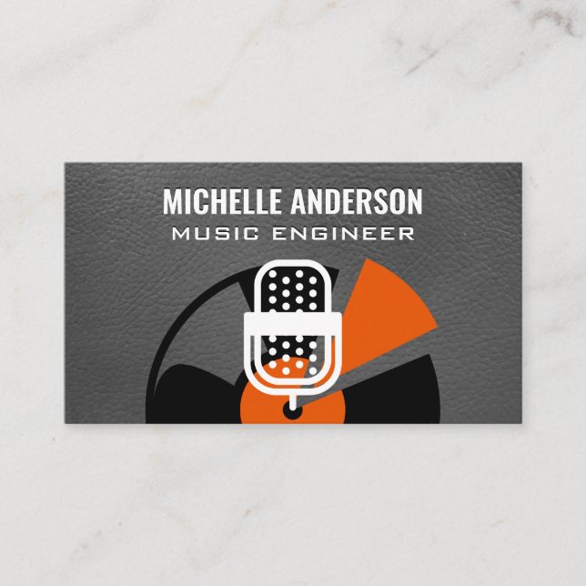 Vinyl and Mic | Leather Background Business Card (Front)