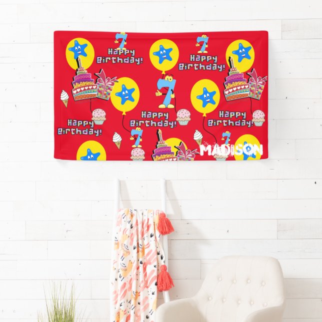 Vinyl Banner, Happy 7th Birthday Banner, #7 Red Banner (Insitu)