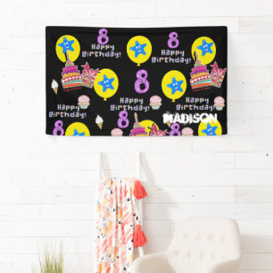 Vinyl Banner, Happy 8th Birthday Banner, #8 Black Banner