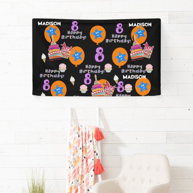 Vinyl Banner, Happy 8th Birthday Banner, #8 Black Banner (Insitu)