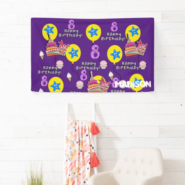 Vinyl Banner, Happy 8th Birthday Banner, #8 Purple Banner (Insitu)