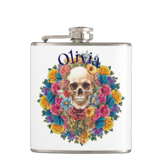Vinyl Petaca skull and flowers Hip Flask