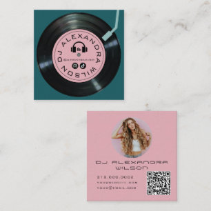 Vinyl Player DJ Midnight Green & Pink Photo QR Square Business Card