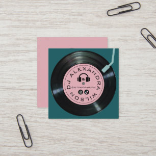 Vinyl Player DJ Midnight Green & Pink Square Business Card
