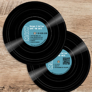 Vinyl Record Monogram - Retro Blue Label Save The Date