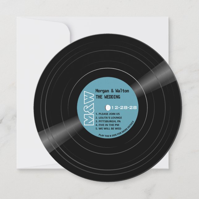 Vinyl Record Monogram Retro Blue Wedding Invitation (Front)