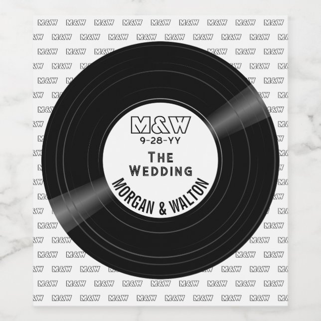 Vinyl Record Monogram Wedding White Wine Label (Single Label)