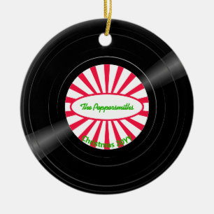 Vinyl Record Red and White Ray Burst Photo Ceramic Ornament