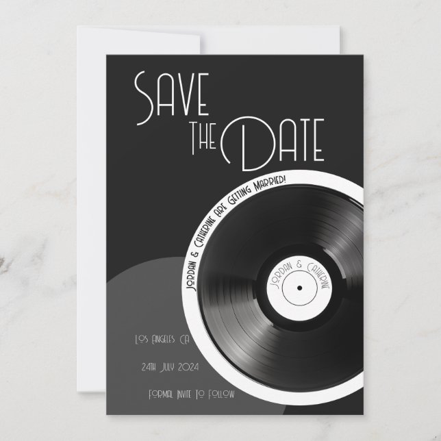 Vinyl Record Retro 70s Black and White Minimal Save The Date (Front)