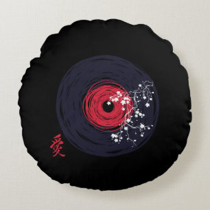 Vinyl Record Retro Grunge With Sakura Blossoms Round Pillow