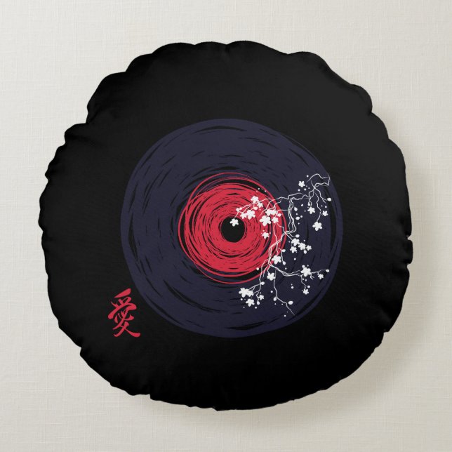 Vinyl Record Retro Grunge With Sakura Blossoms Round Pillow (Front)