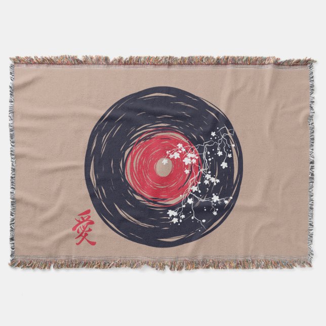 Vinyl Record Retro Grunge With Sakura Blossoms Throw Blanket (Front)