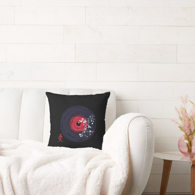 Vinyl Record Retro Grunge With Sakura Blossoms Throw Pillow (Couch)