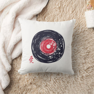 Vinyl Record Retro Grunge With Sakura Blossoms Throw Pillow