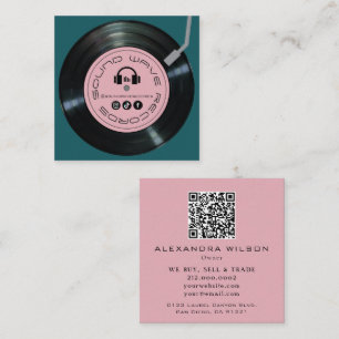 Vinyl Record Store Player Forest Green & Pink Square Business Card
