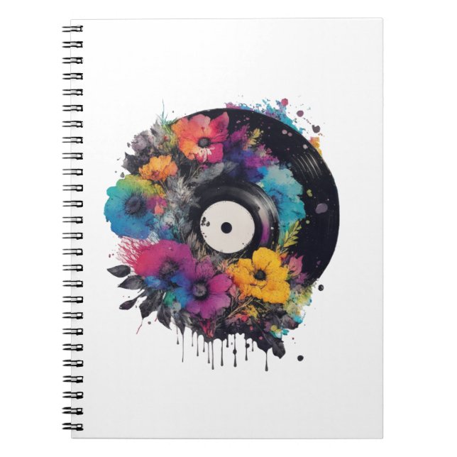 Vinyl record with colourful flowers notebook (Front)