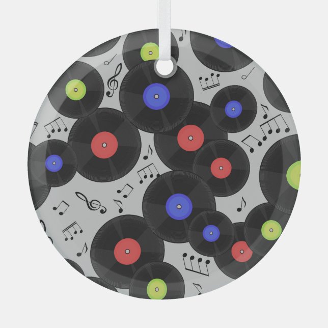 Vinyl Records: Music Note Pattern Glass Ornament (Front)