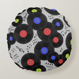 Vinyl Records: Music Note Pattern Round Pillow
